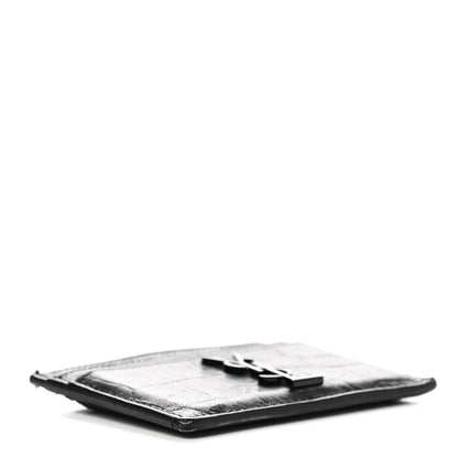 Saint Laurent Calfskin Crocodile Embossed Monogram Credit Card Case Black 3 of 9