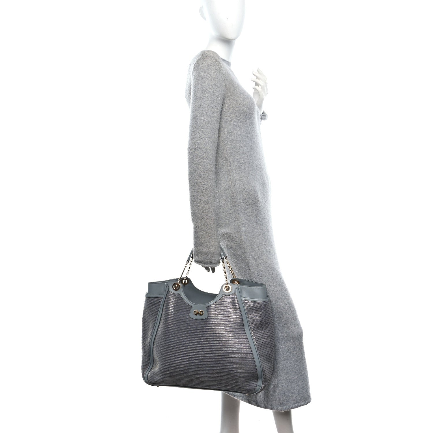 Salvatore Ferragamo Calfskin Raffia Betulla Tote Grey 3 of 17