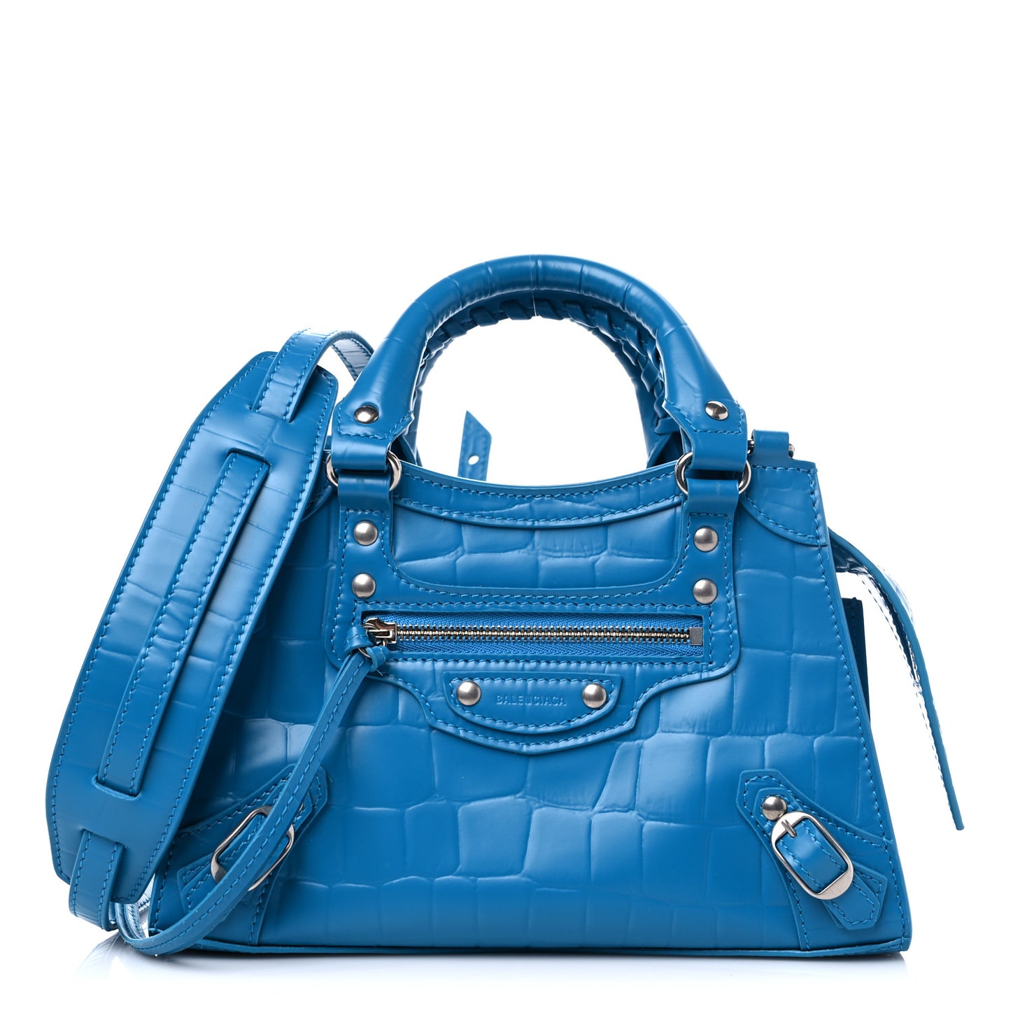 Semi Shiny Calfskin Crocodile Embossed Neo Classic Silver Hardware Mini City Turquoise