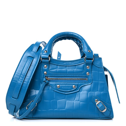 Balenciaga Semi Shiny Calfskin Crocodile Embossed Neo Classic Silver Hardware Mini City Turquoise 1 of 10