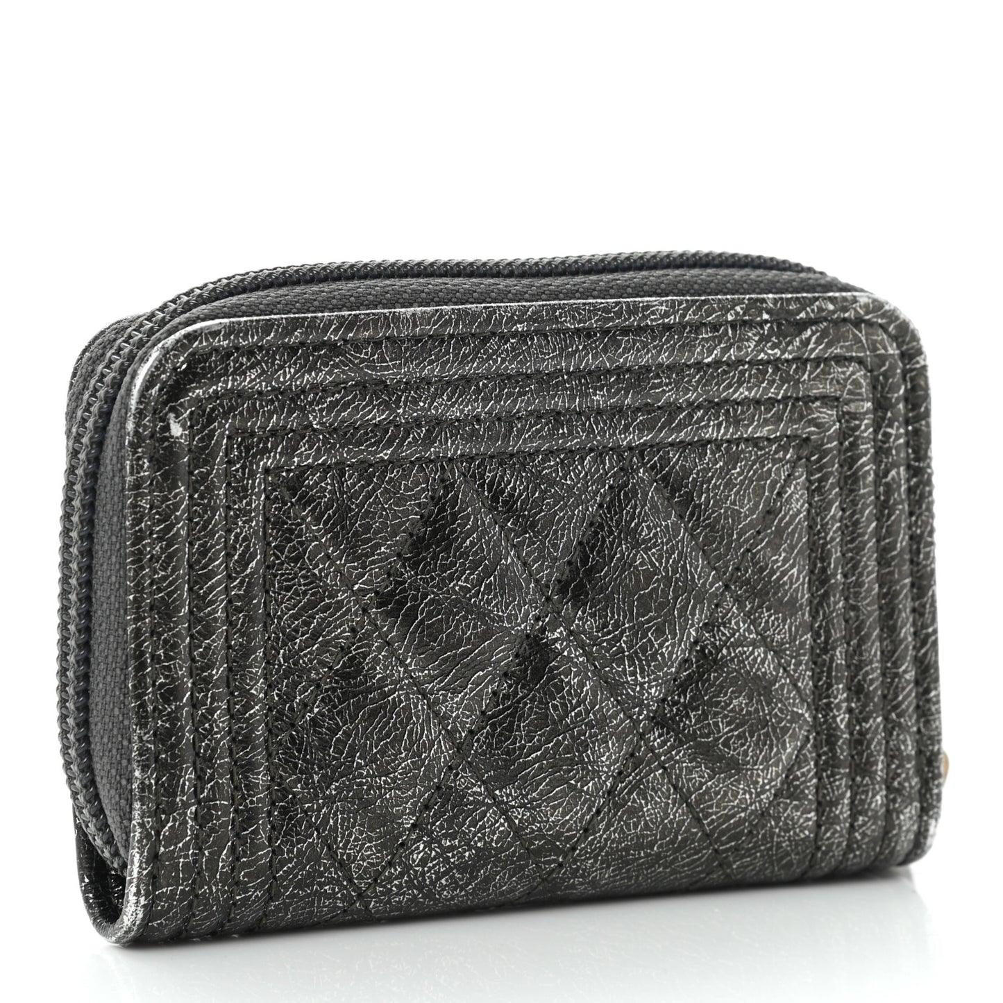 Cracked Metallic Calfskin Quilted Boy Zip Around Coin Purse Wallet Dark Silver