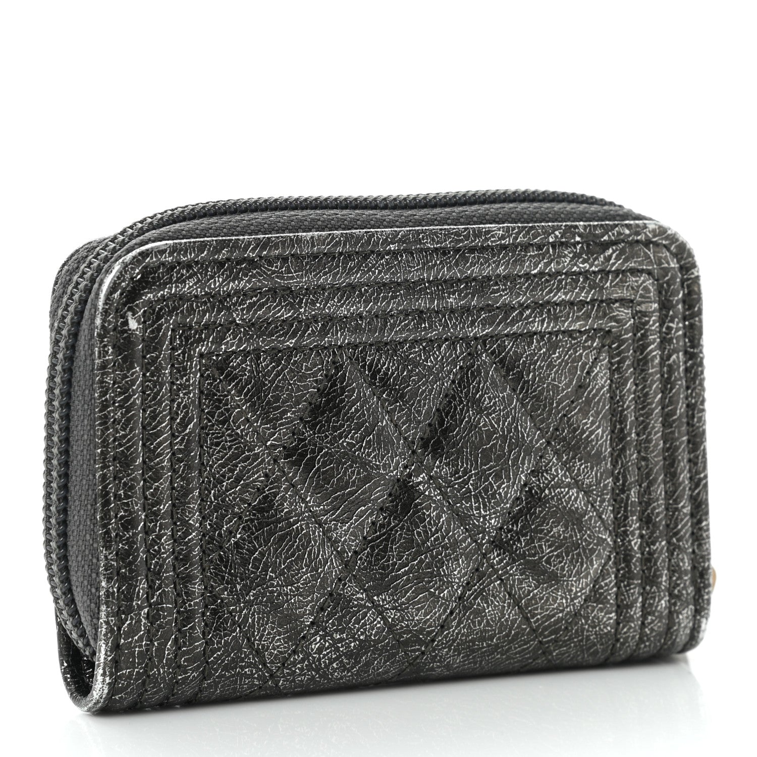 Chanel Cracked Metallic Calfskin Quilted Boy Zip Around Coin Purse Wallet Dark Silver 3 of 10