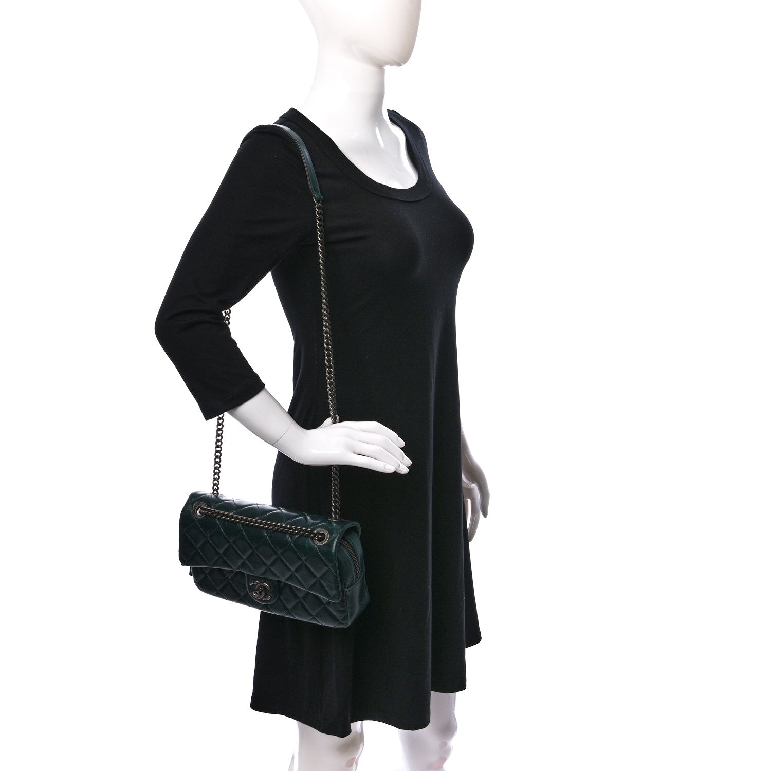 Chanel Glazed Calfskin Quilted Medium Duo Color Flap Dark Green Burgundy 2 of 11