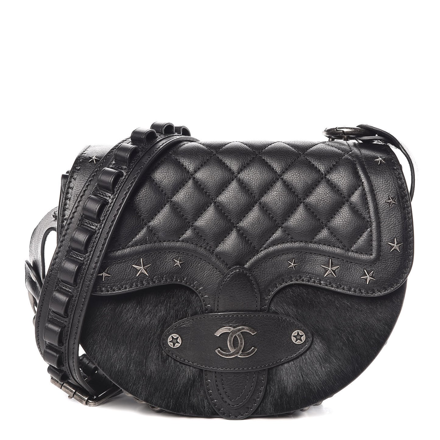 Pony Hair Calfskin Quilted Dallas Studded Saddle Bag Black