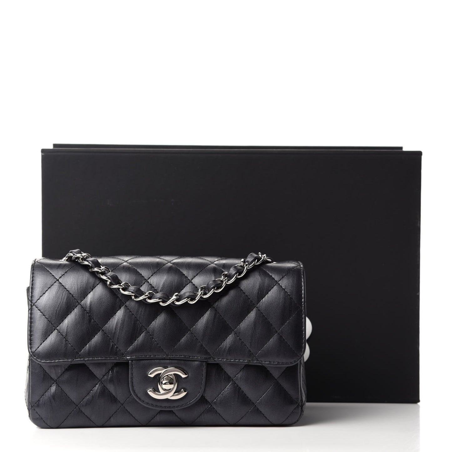 Iridescent Calfskin Quilted Mini Rectangular Flap Charcoal