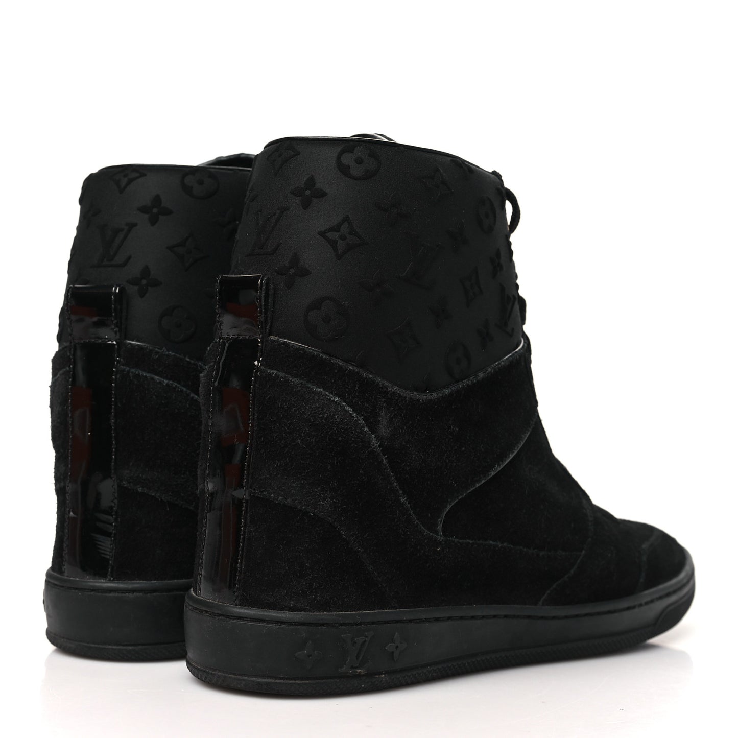 Calfskin Suede Monogram Cliff Top Wedge Sneakers 38.5 Black