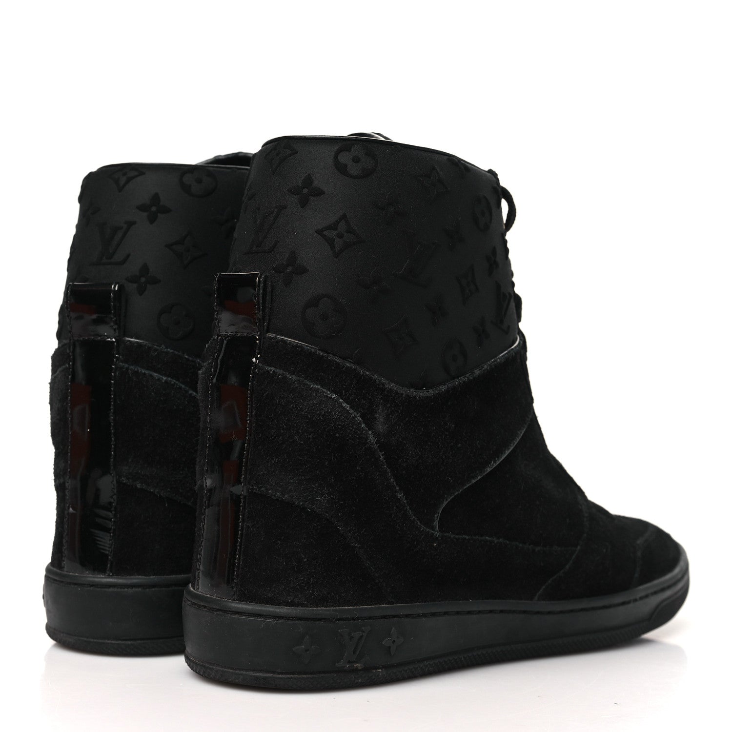 Louis Vuitton Calfskin Suede Monogram Cliff Top Wedge Sneakers 38.5 Black 5 of 8