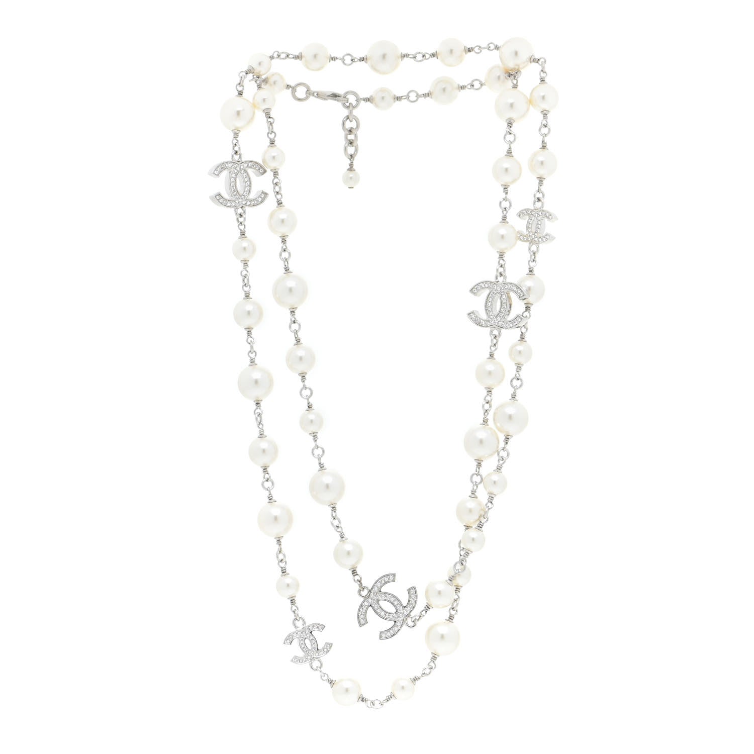 Chanel Crystal Pearl CC Long Necklace Silver 3 of 6