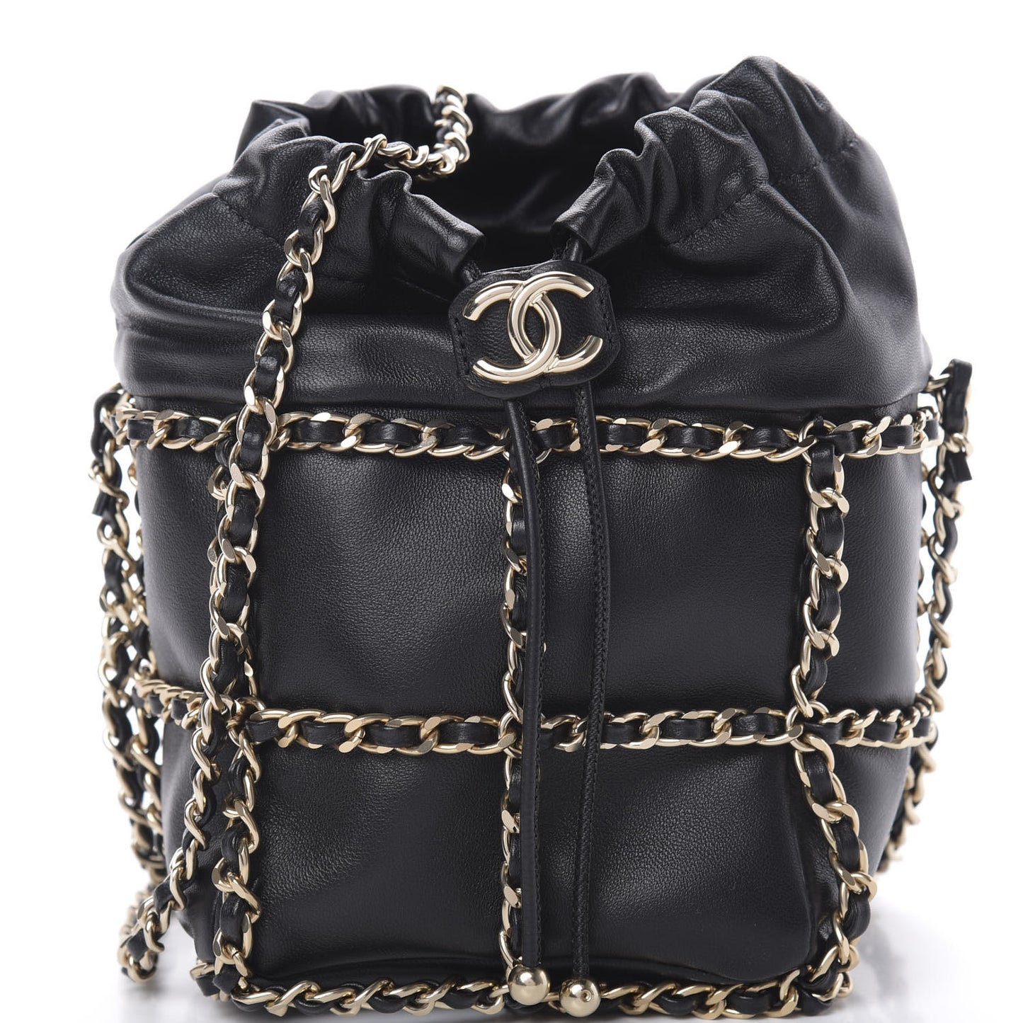 Lambskin Bucket Chain Drawstring Bag Black