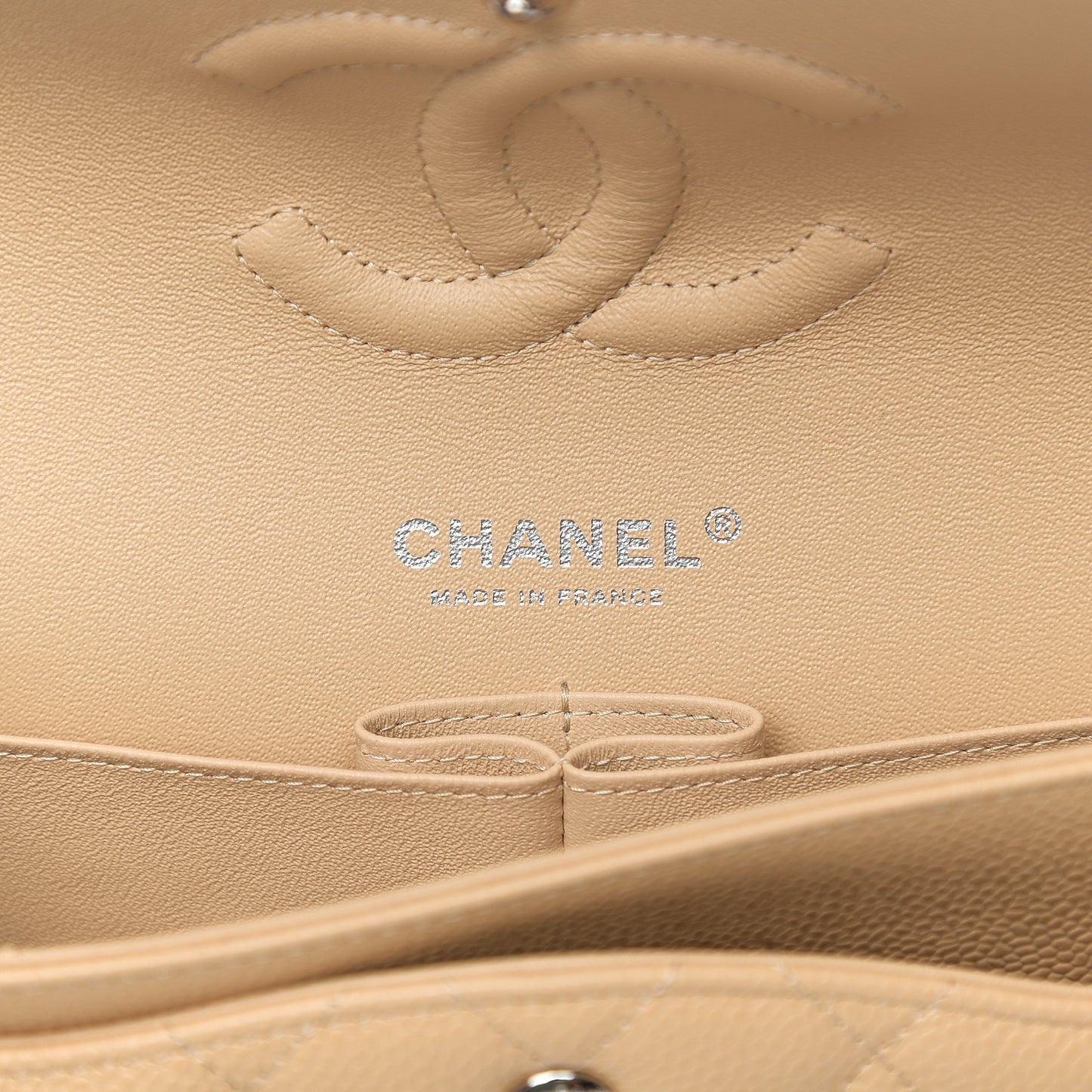 Caviar Quilted Medium Double Flap Beige