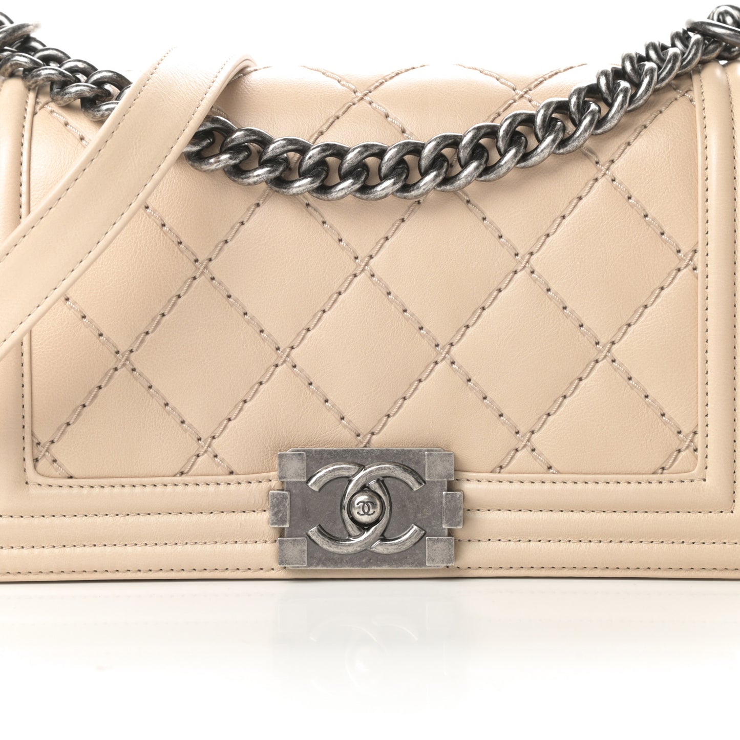 Calfskin Quilted Double Stitch Medium Boy Flap Beige