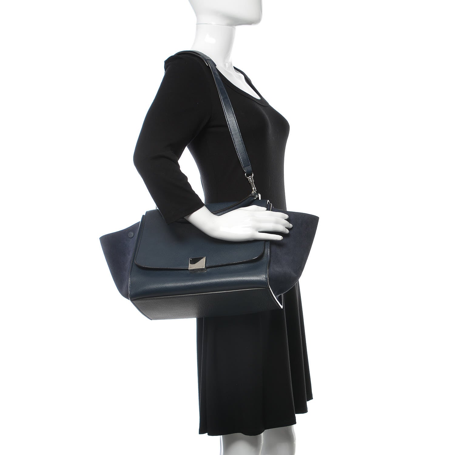 Celine Drummed Calfskin Suede Medium Trapeze Navy 2 of 9
