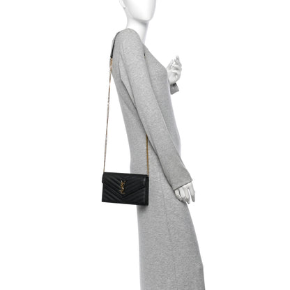 Saint Laurent Grain De Poudre Matelasse Chevron Monogram Envelope Chain Wallet Black 2 of 9