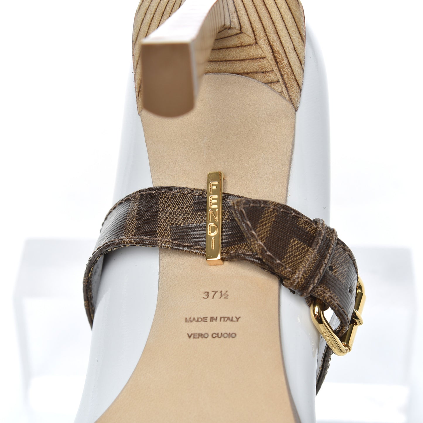 Glossy Neoprene Glazed Fabric FF FFrame Court Mary Jane Pumps 37.5 White Tobacco Moro