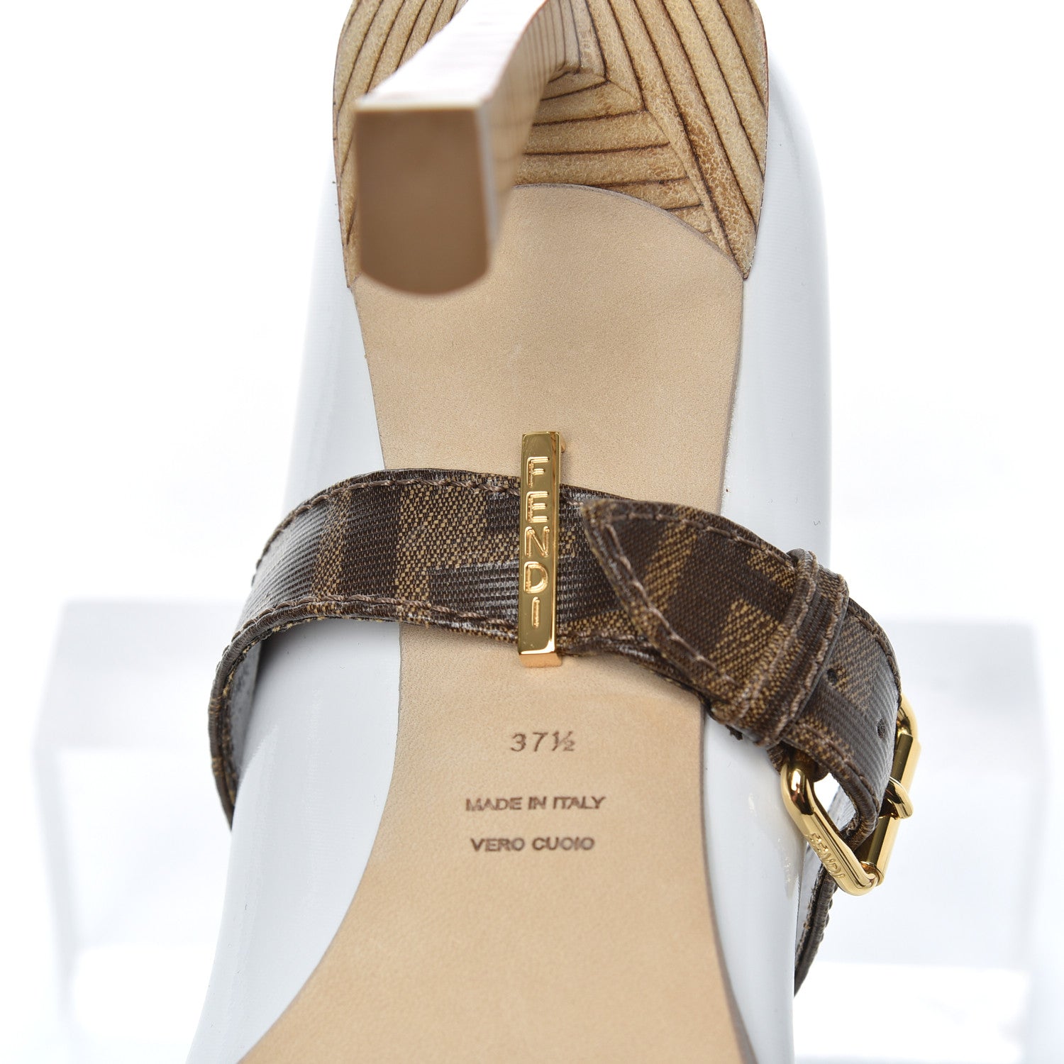 Fendi Glossy Neoprene Glazed Fabric FF FFrame Court Mary Jane Pumps 37.5 White Tobacco Moro 7 of 8