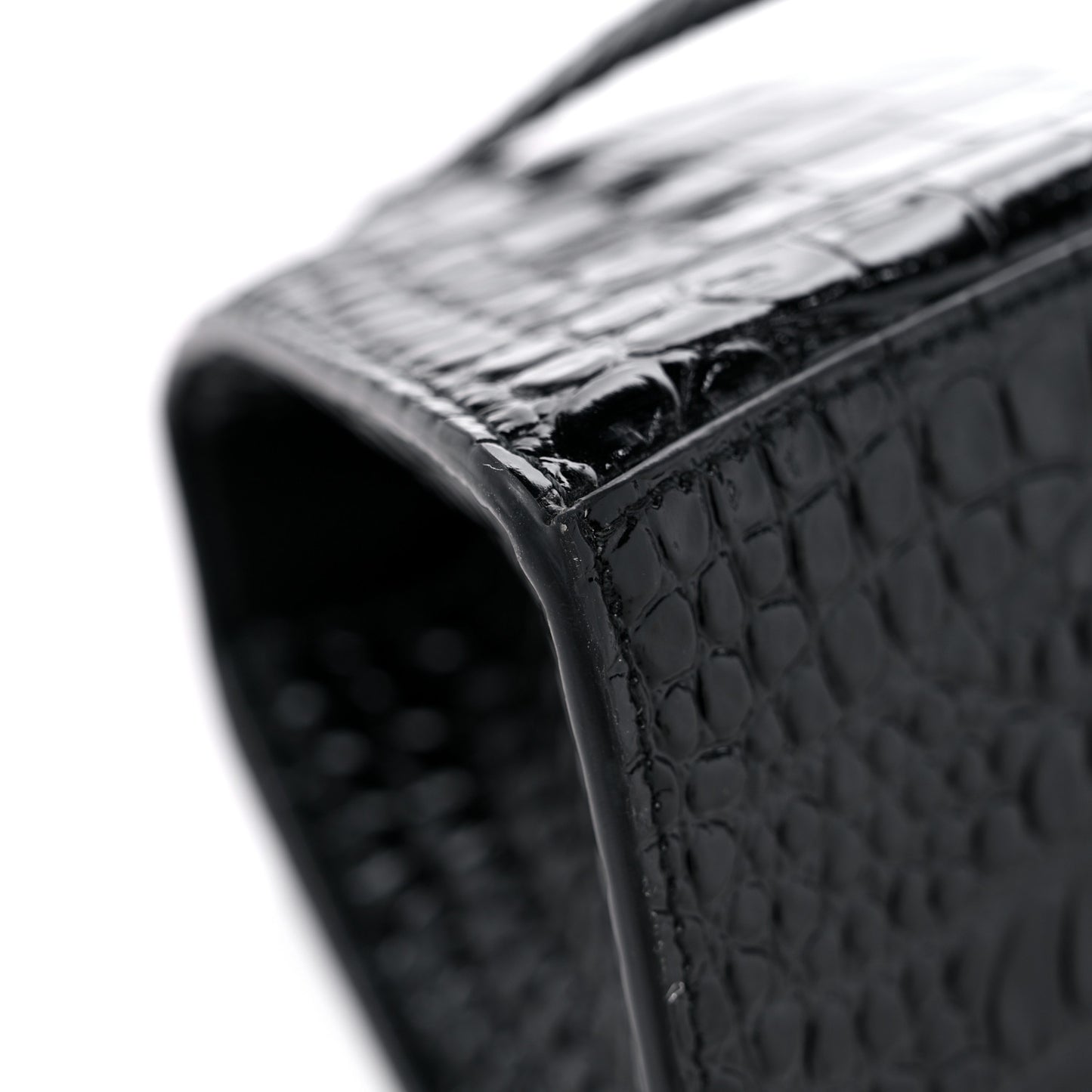 Shiny Calfskin Monochrome Crocodile Embossed Small Hourglass Top Handle Bag Black