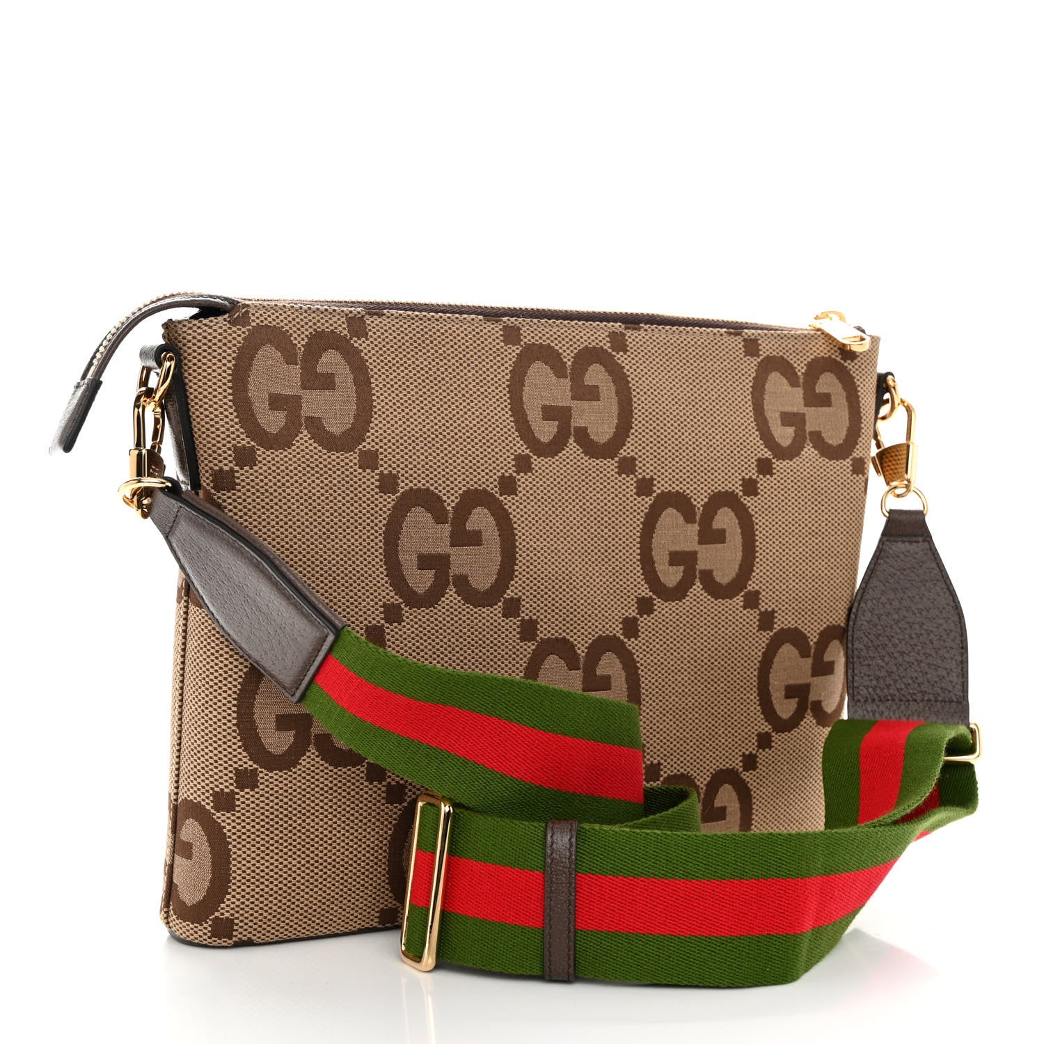 Gucci Monogram Jumbo GG Textured Dollar Calfskin Web Wristlet Messenger Bag Camel Ebony New Acero 3 of 9