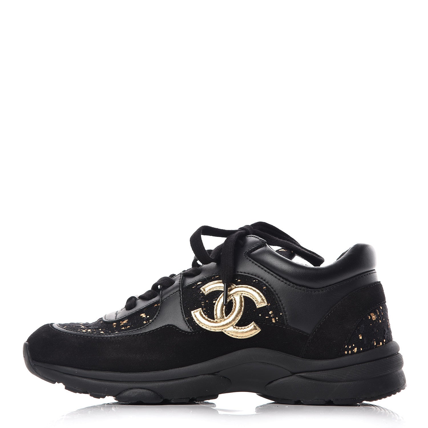 Chanel Velour Tweed CC Sneakers 37.5 Black Gold 1 of 8