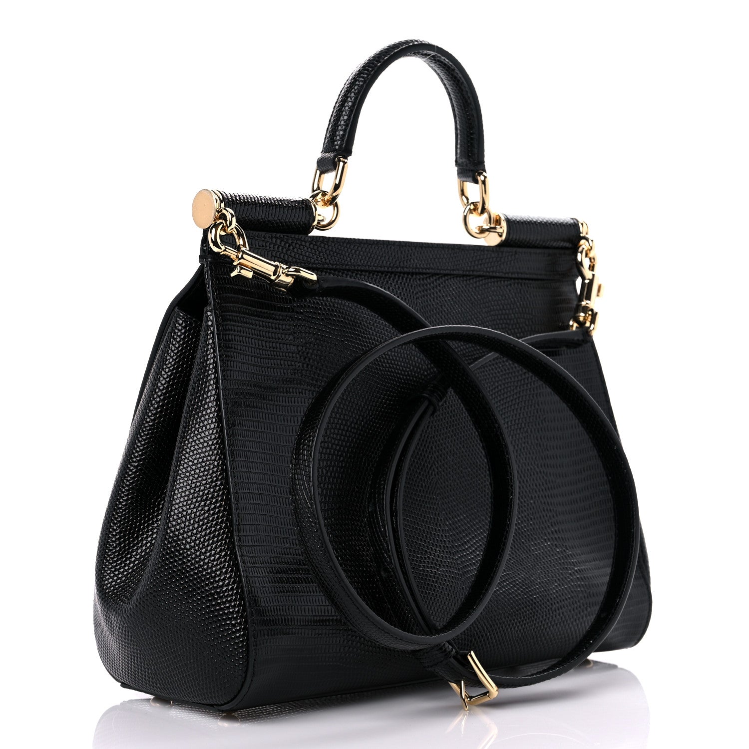 Dolce & Gabbana Lizard Calfskin Embossed Medium Miss Sicily Satchel Black 2 of 9