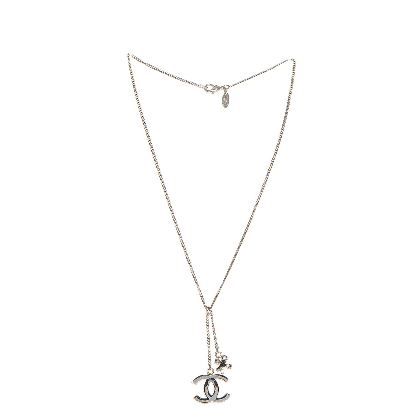 Enamel Pearl Crystal CC Clover Charm Necklace Black Gold