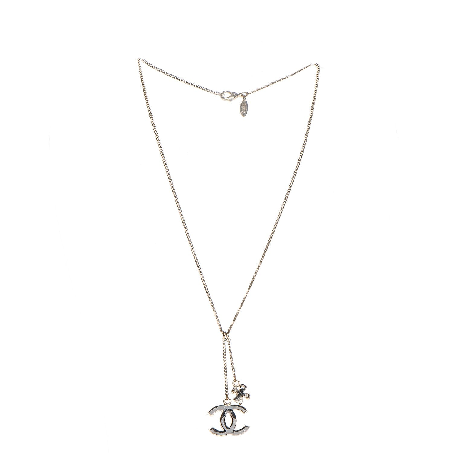 Chanel Enamel Pearl Crystal CC Clover Charm Necklace Black Gold 6 of 6