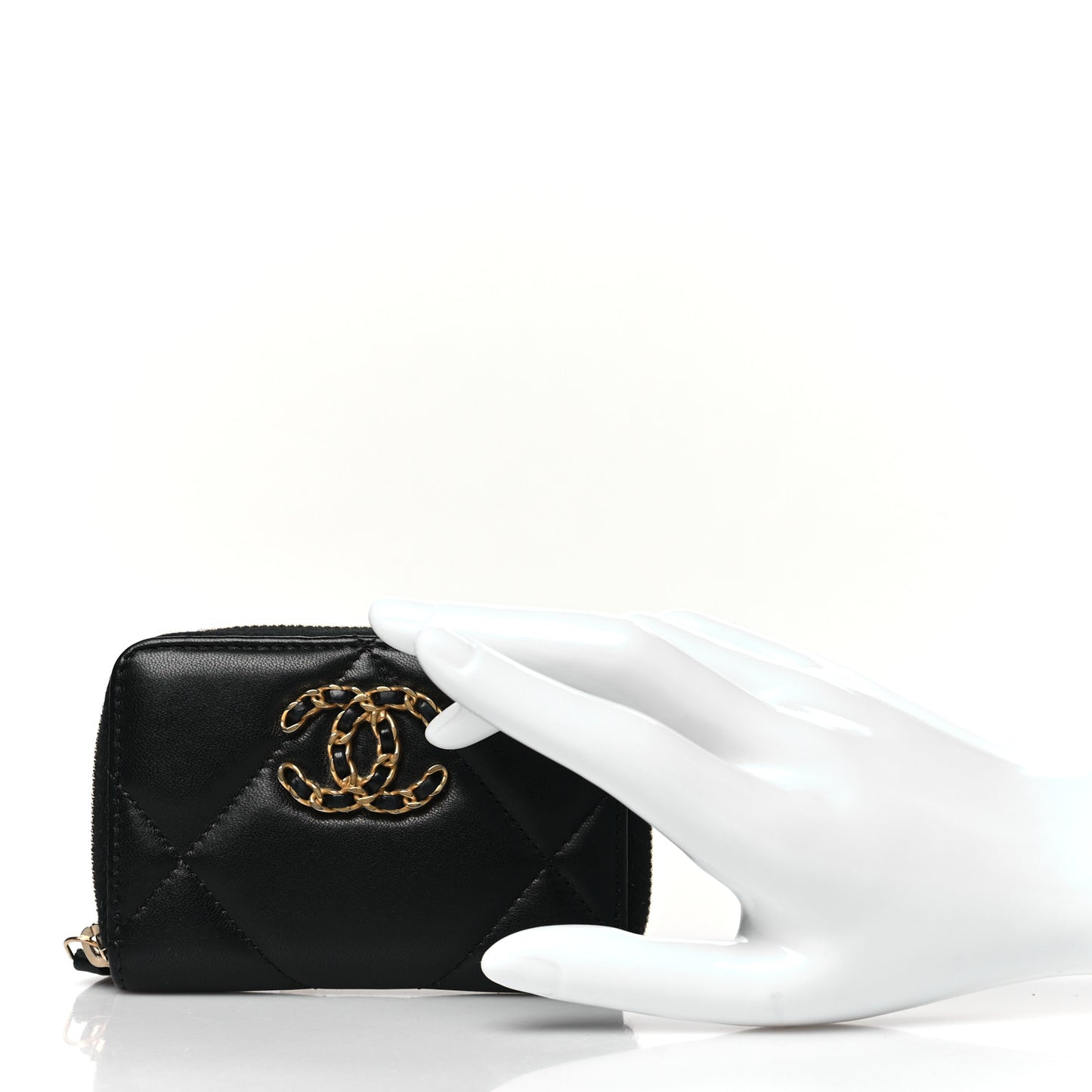 Lambskin Quilted Chanel 19 Zip Around Coin Purse Wallet Black