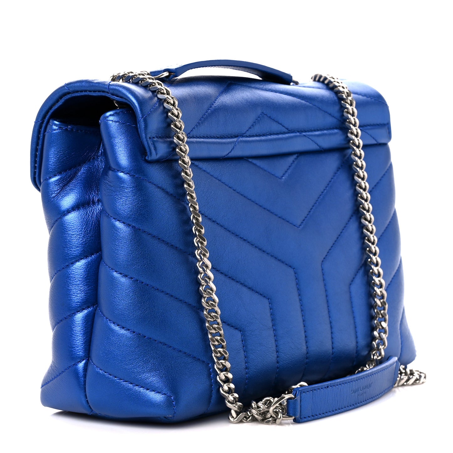 Metallic Calfskin Y Quilted Monogram Small Loulou Chain Satchel Blue Royal