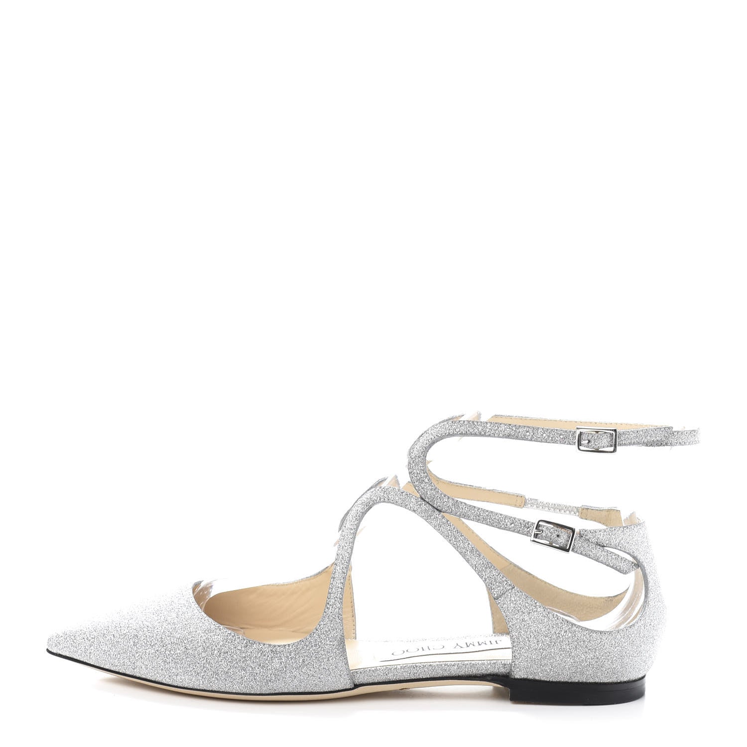 Jimmy Choo Glitter Calfskin Lancer Flats 35.5 Silver 1 of 8