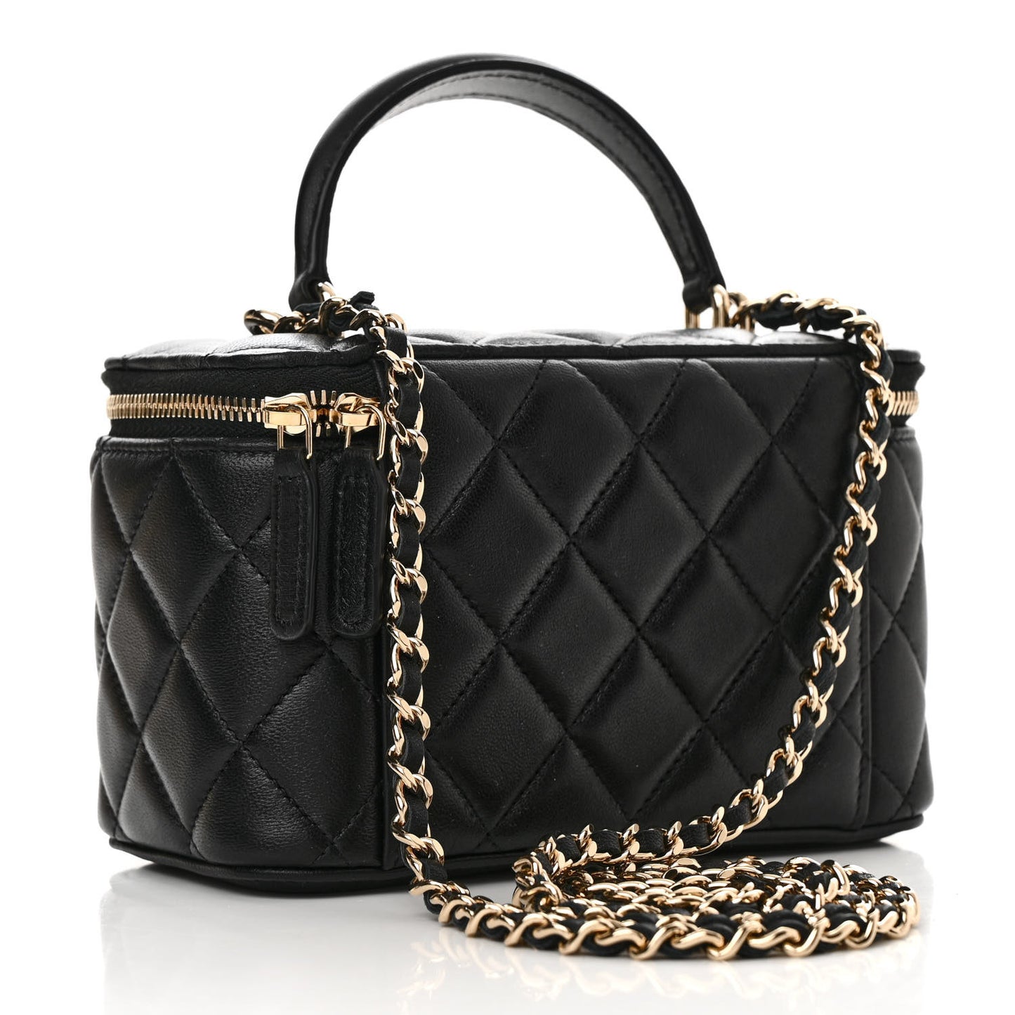 Lambskin Quilted Small Top Handle Vanity Case With Chain Black