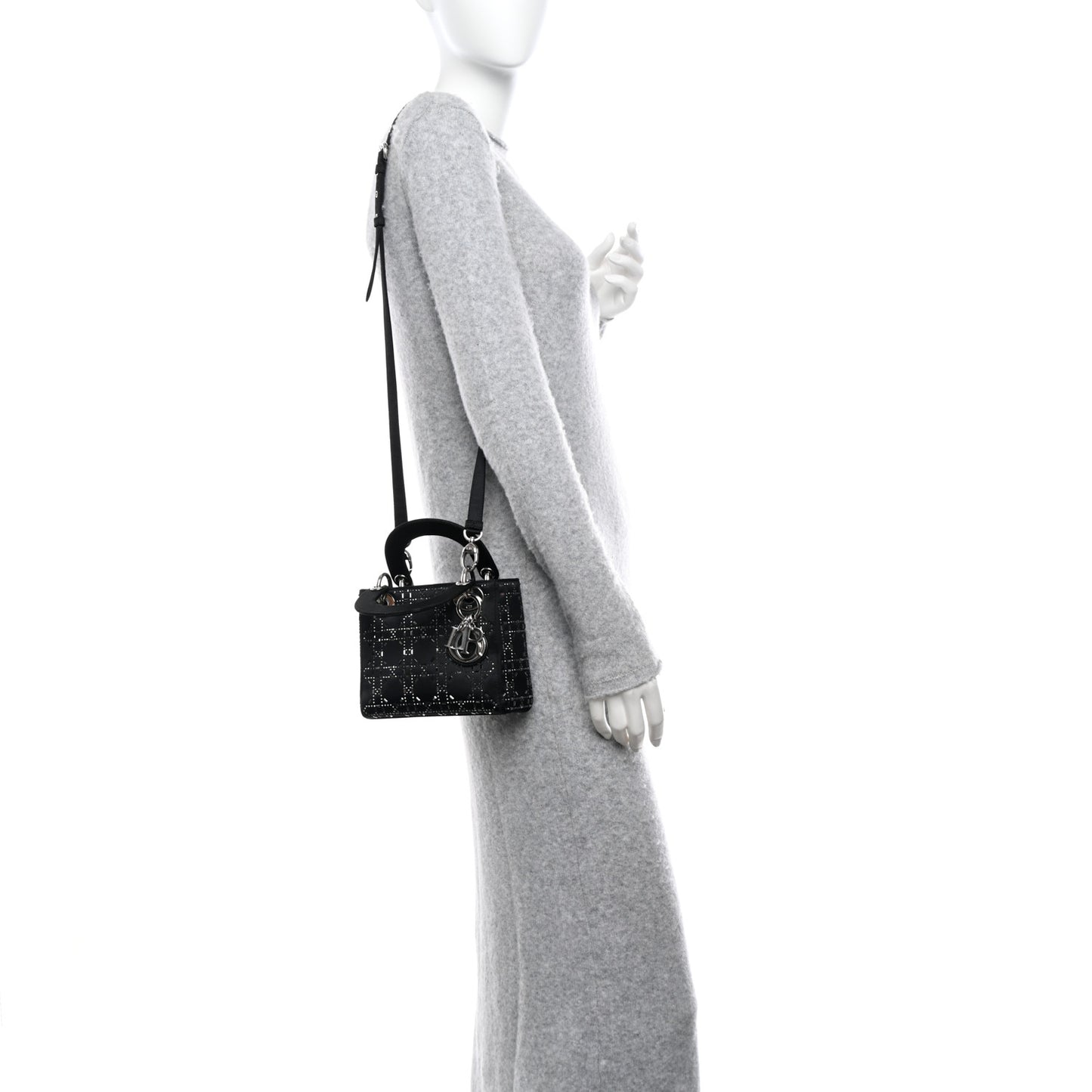 Satin Crystal Cannage Mini Lady Dior Black