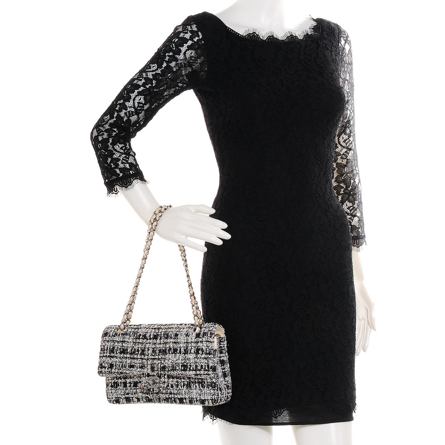 Tweed Medium Double Flap Black White