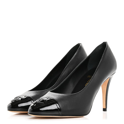 Chanel Lambskin Patent Calfskin Cap Toe CC Pumps 37 Black 4 of 10