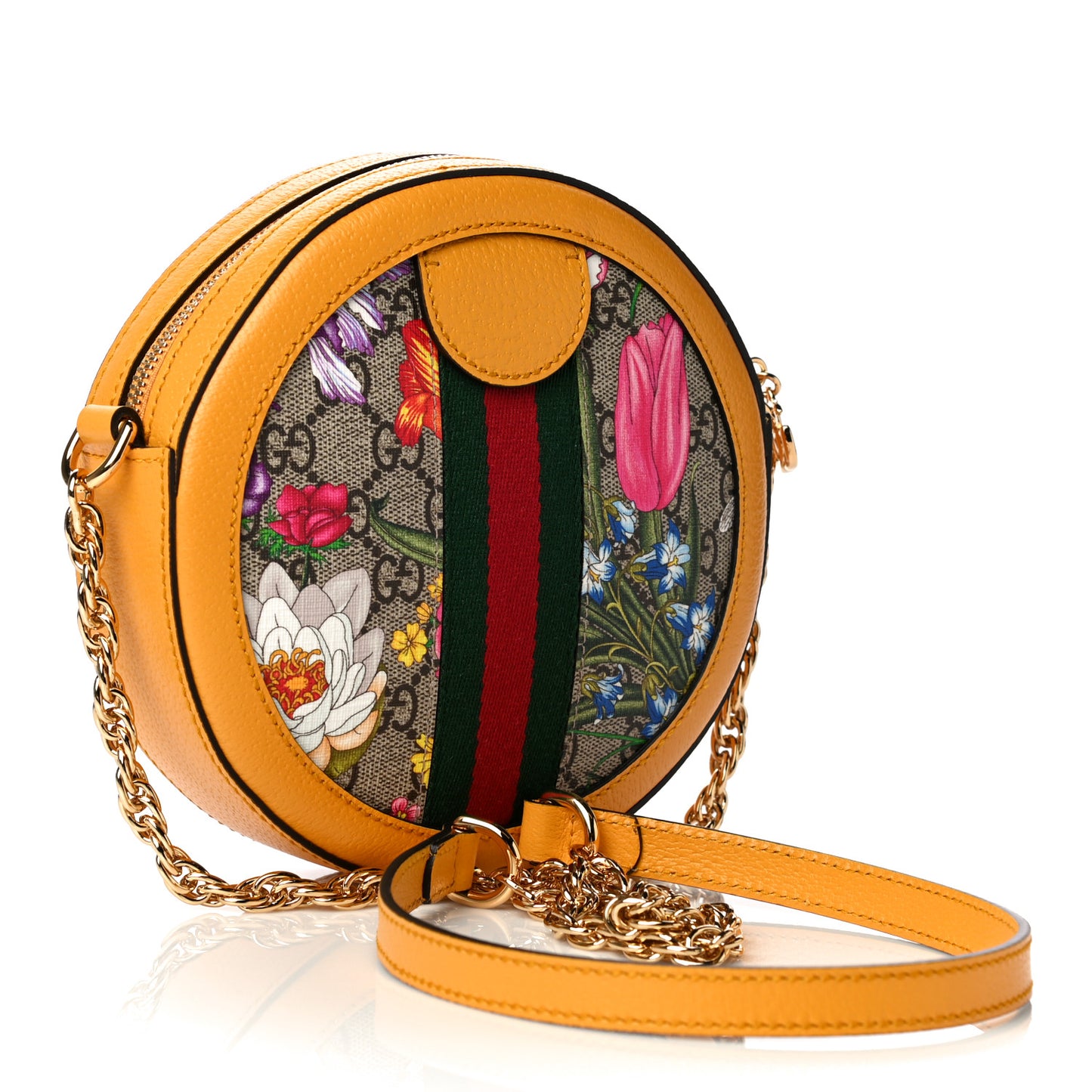 GG Supreme Monogram Flora Web Mini Ophidia Round Shoulder Bag Beige Multicolor Crop