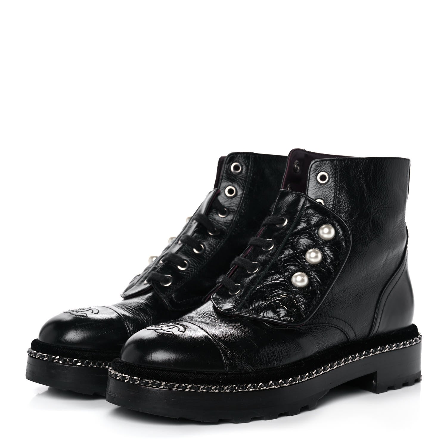 Chanel Crackled Calfskin Velvet Pearl Combat Short Boots 36 Black 3 of 8