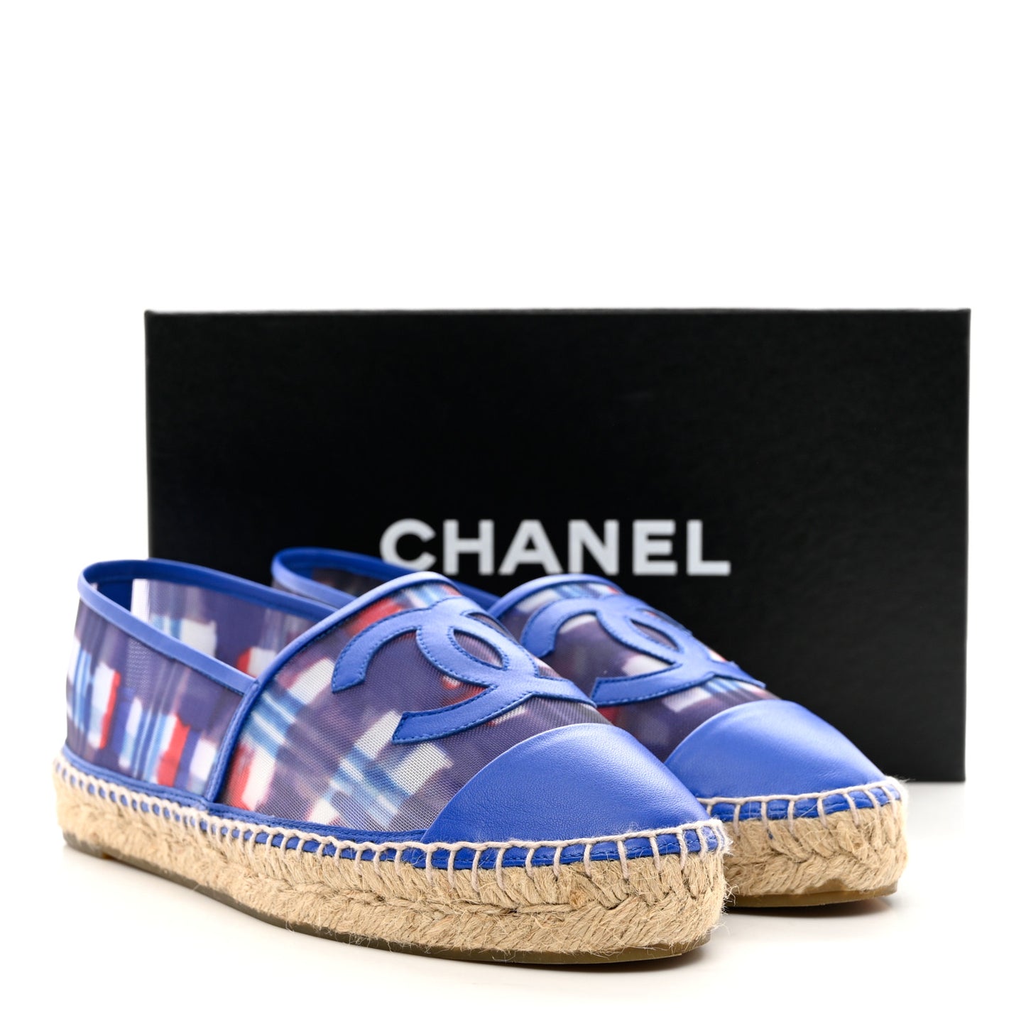 Mesh Lambskin Plaid Print CC Espadrilles 38 Blue White Red