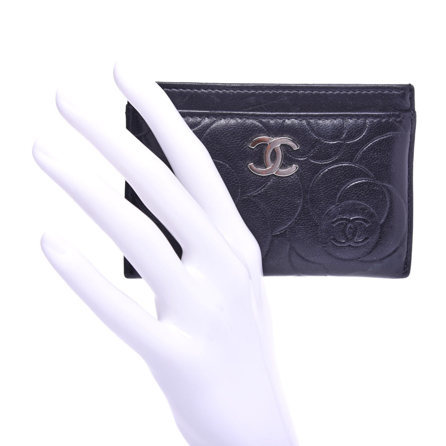 Lambskin Camellia Embossed Card Holder Black