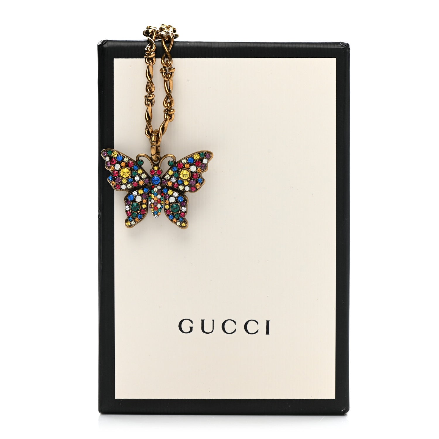 Gucci Metal Crystal Butterfly Necklace Aged Gold Multicolor 8 of 8