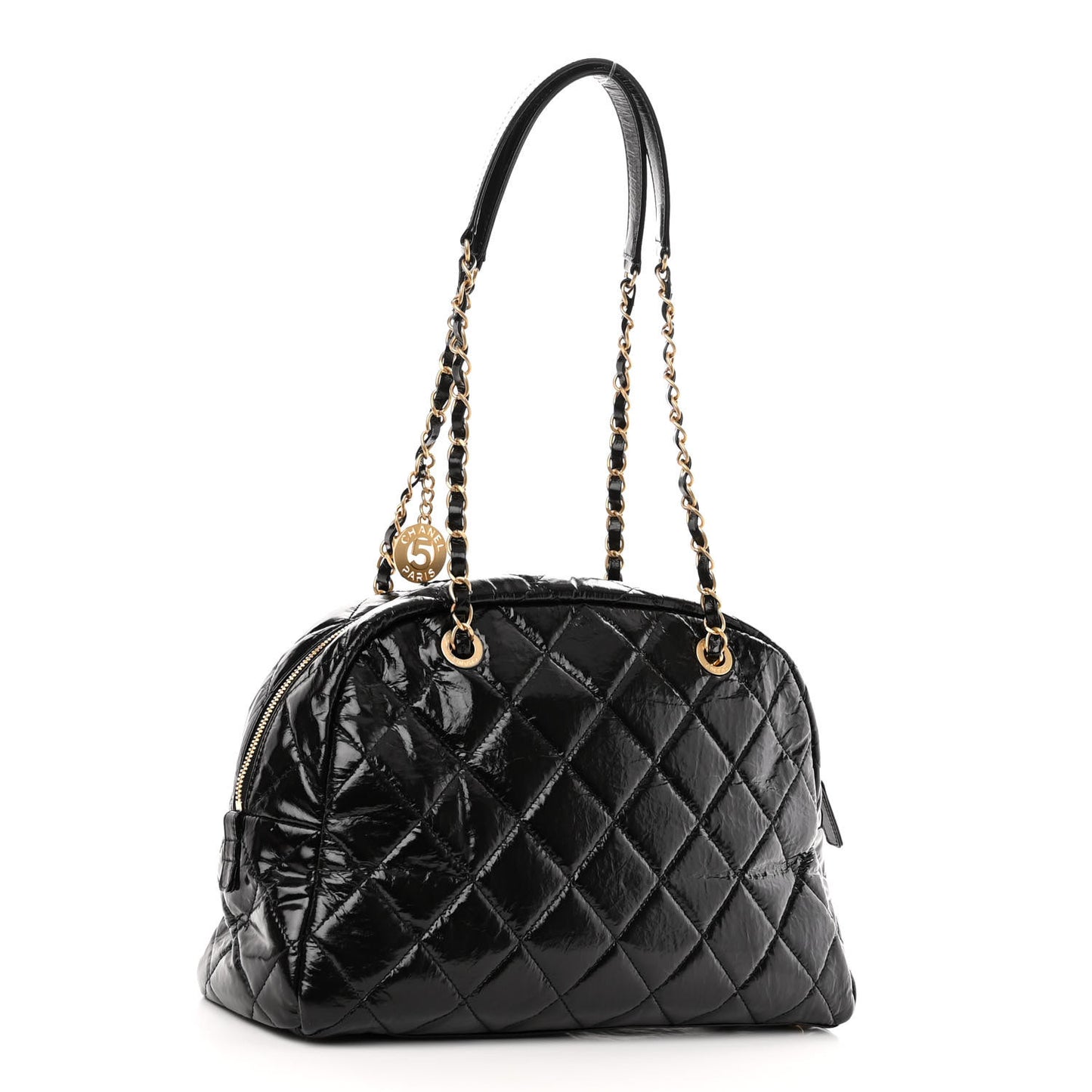 Shiny Crumpled Calfskin Quilted Large Bowling Bag Black