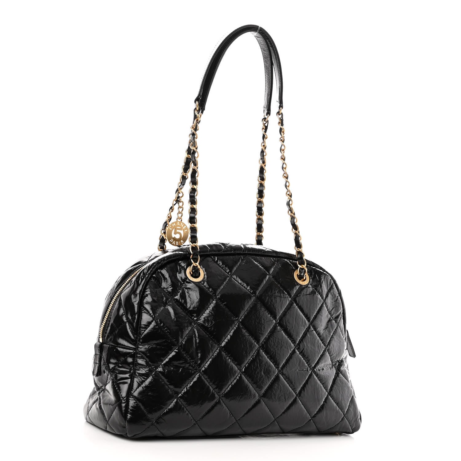 Chanel Shiny Crumpled Calfskin Quilted Large Bowling Bag Black 3 of 10