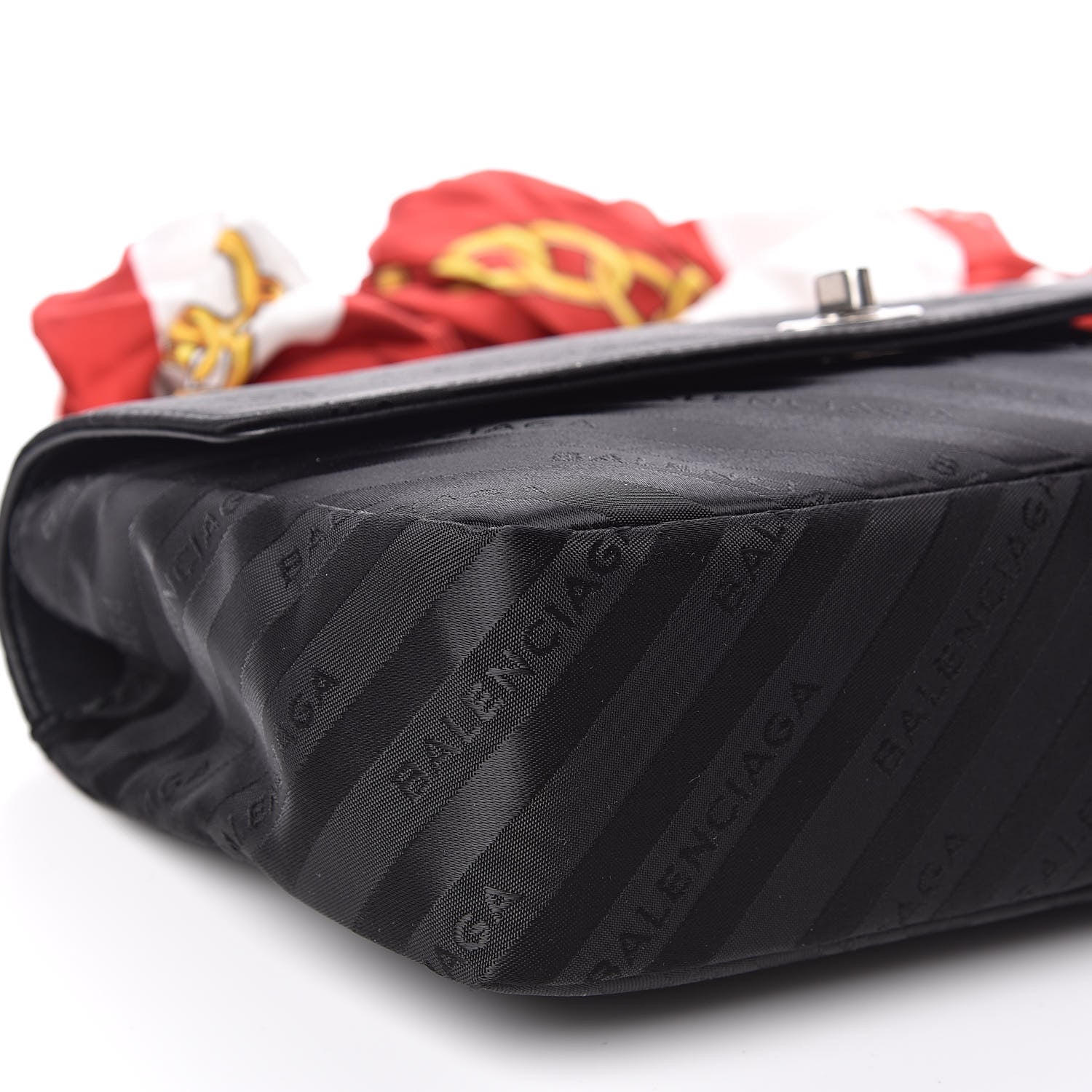 Balenciaga Nylon Jacquard Diagonal Logo Medium Scarf Lock Chain Shoulder Bag Black Red 7 of 9