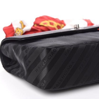 Balenciaga Nylon Jacquard Diagonal Logo Medium Scarf Lock Chain Shoulder Bag Black Red 7 of 9