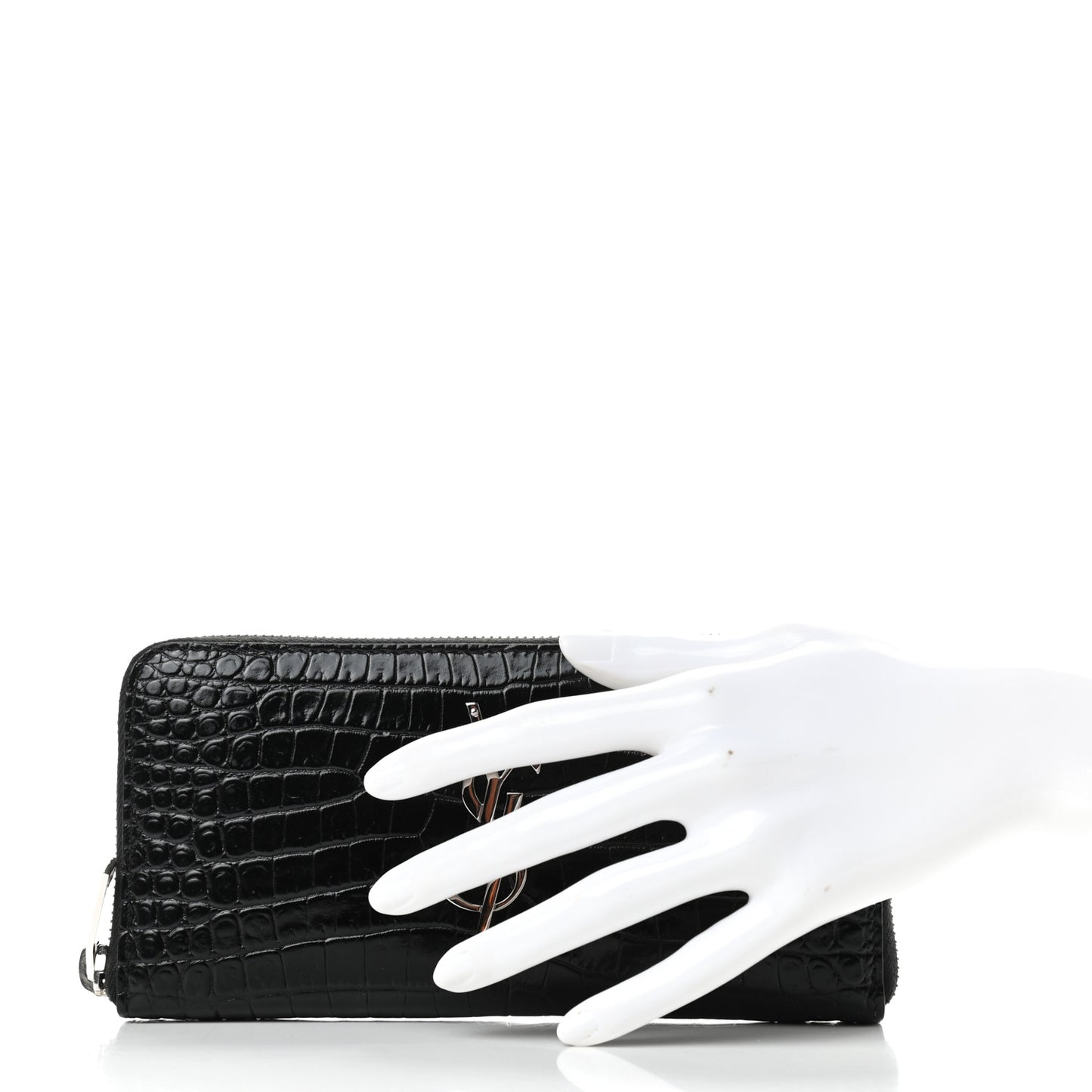 Calfskin Crocodile Embossed Monogram Zip Around Wallet Black