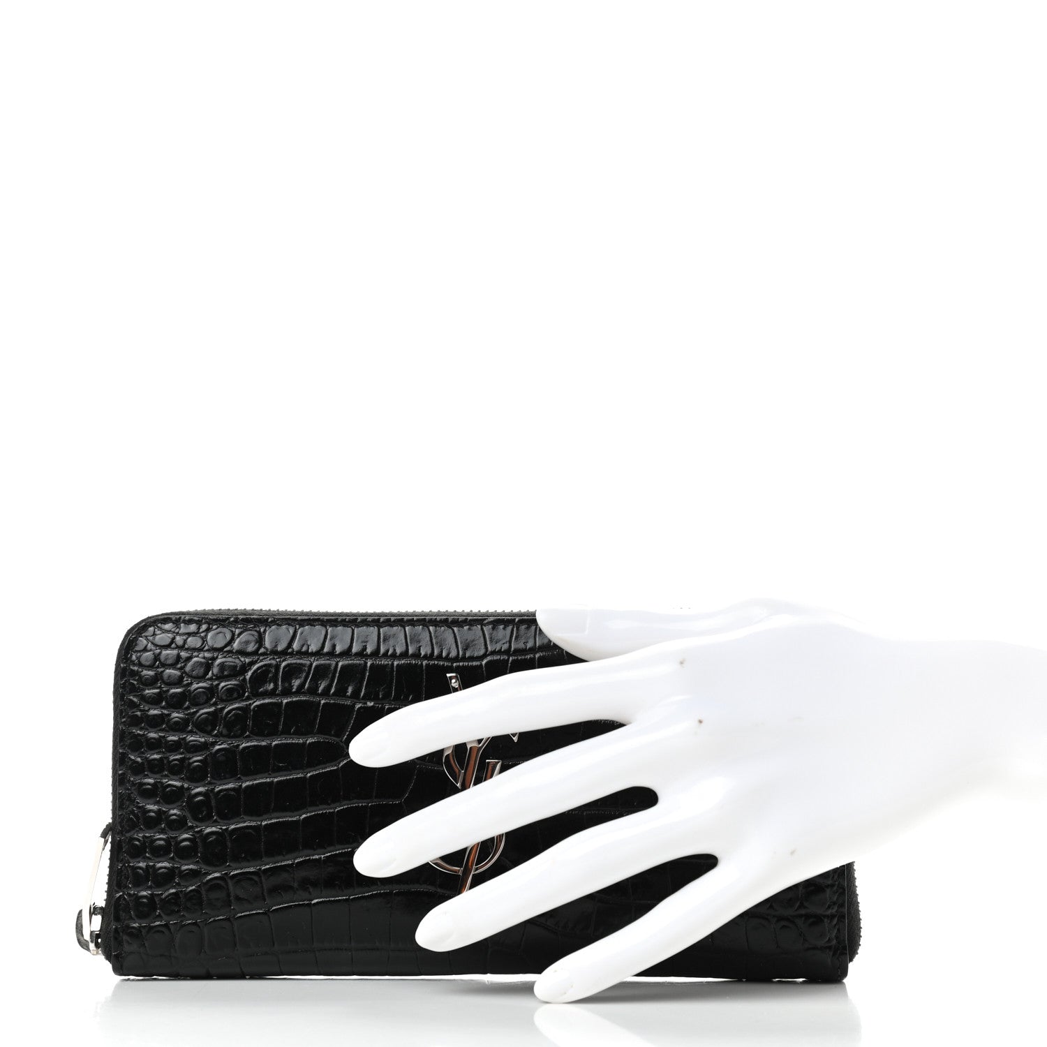 Saint Laurent Calfskin Crocodile Embossed Monogram Zip Around Wallet Black 2 of 7