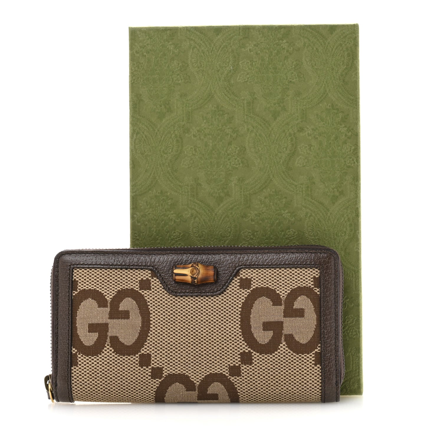 Monogram Jumbo GG Textured Dollar Calfskin Diana Zip Around Continental Wallet Camel Ebony New Acero