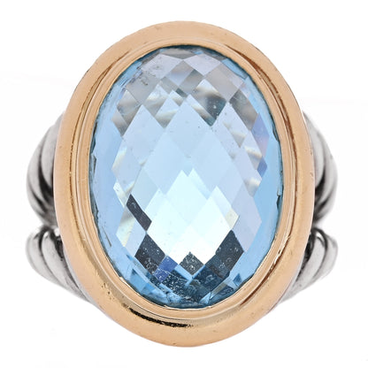 David Yurman Sterling Silver 18K Yellow Gold Blue Topaz 13mm Signature Oval Ring 52 6 1 of 6