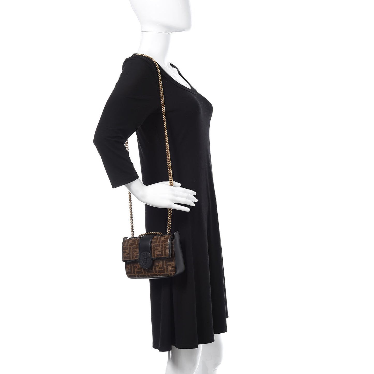 Glazed Fabric Vitello Century FF 1974 Stamp Patch Mini Double F Crossbody Bag Mogano Panna Black