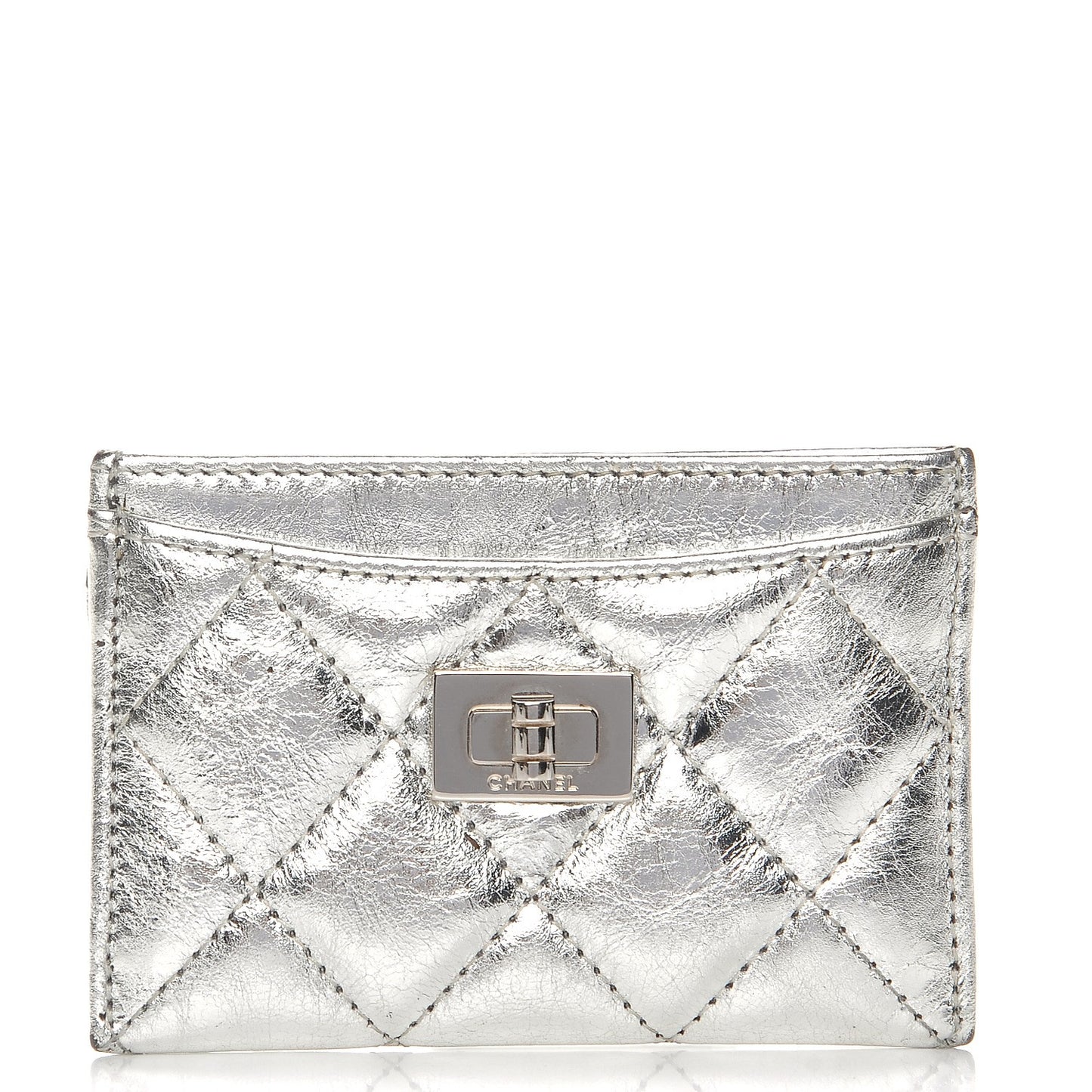 Metallic Aged Calfskin Quilted Reissue Card Holder Silver