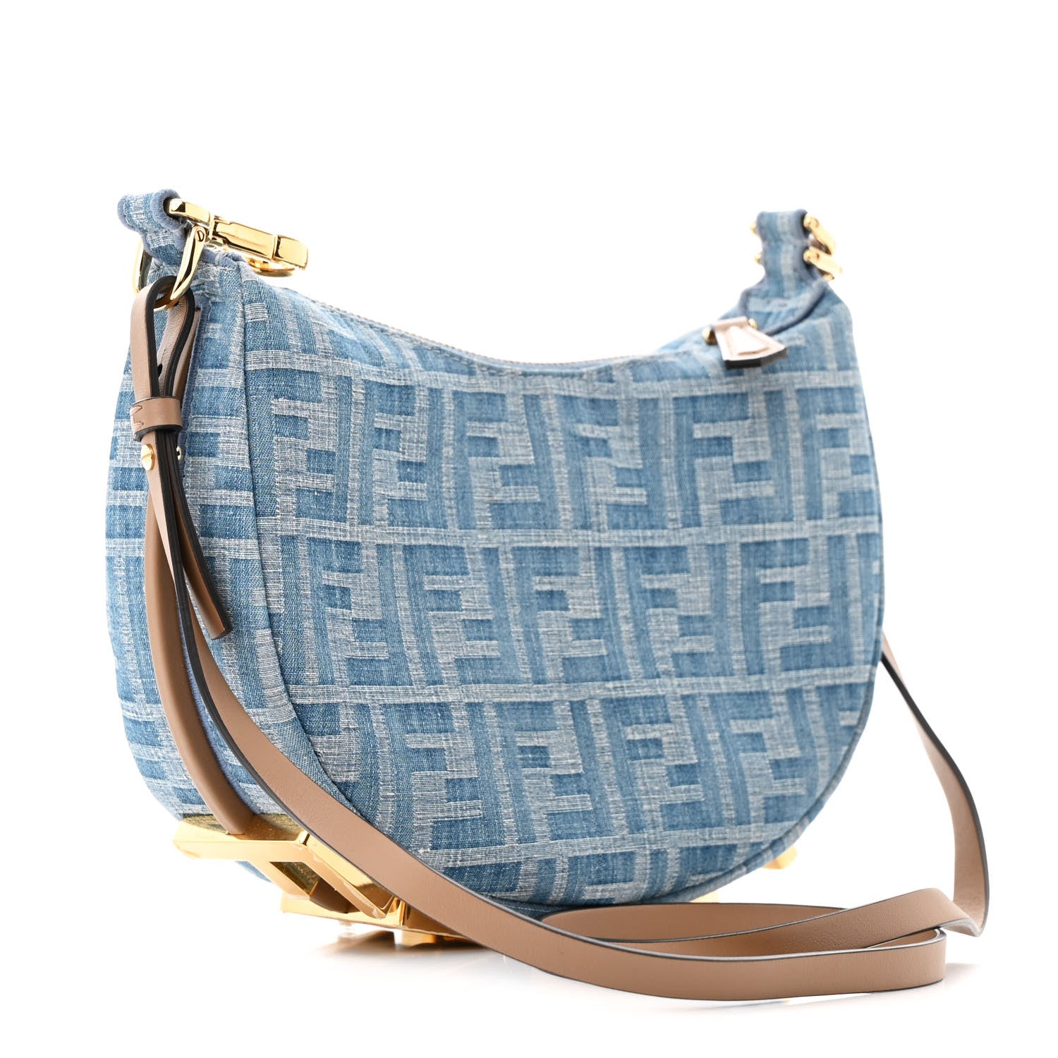 Fendi Denim Vitello King F is Fendi FF Embroidered Mini Fendigraphy Hobo Bag Denim Sand 3 of 10