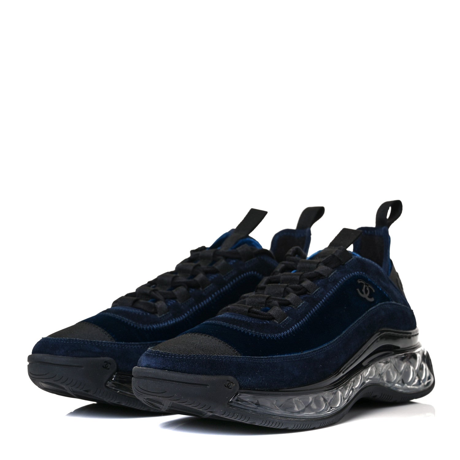 Chanel Suede Calfskin Velvet Grosgrain CC Sneakers 39.5 Navy Blue Black 3 of 9