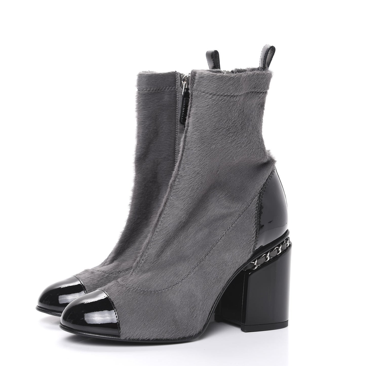 Pony Hair Patent Cap Toe Chain Short Boots 35.5 Grey Black